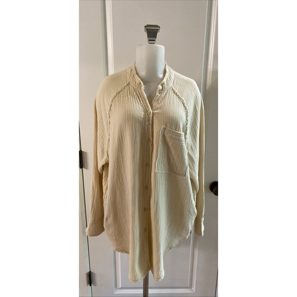 Aerie Cotton Gauze Button Up Women's Size Medium Beige Relaxed Coastal Beach